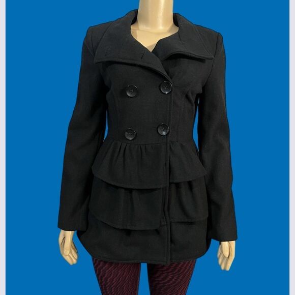 2B by Bebe Long Sleeve Tiered Coat Peacoat with Ruffles Black Small NWT - Picture 8 of 10